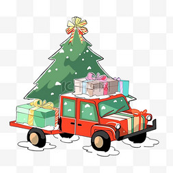 有雪松树图片_圣诞节小车拉礼物圣诞树卡通手绘