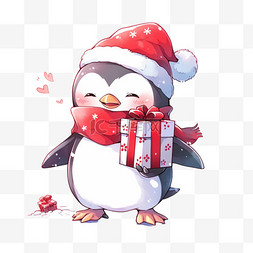 卡通手绘冬天可爱的企鹅拿着礼物