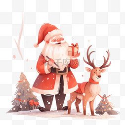 黄色的鹿图片_圣诞老人小鹿松树卡通手绘元素圣