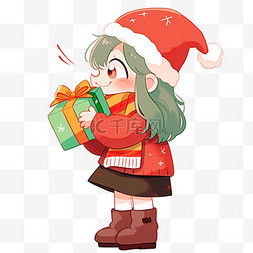绿色的圣诞礼盒图片_可爱女孩拿着礼盒卡通圣诞节手绘