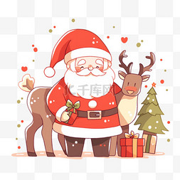 小鹿手绘卡通图片_圣诞节小鹿松树卡通圣诞老人手绘