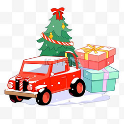 有雪松树图片_圣诞节小车卡通拉礼物圣诞树手绘