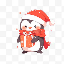 带着圣诞帽的企鹅图片_冬天可爱的企鹅拿着礼物卡通手绘