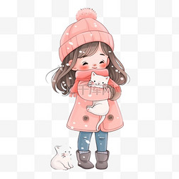 冬天雪地里女孩小猫卡通树木手绘