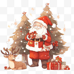 松树圣诞节图片_圣诞老人小鹿松树圣诞节卡通手绘