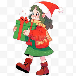 卡通手绘圣诞节可爱女孩拿着礼盒