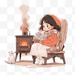 冬天女孩沙发上取暖手绘卡通元素