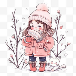 手绘冬天雪地里女孩小猫树木卡通
