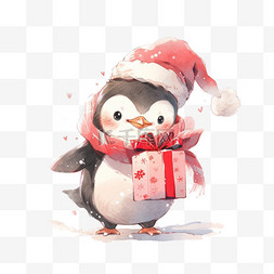 冬天手绘可爱的企鹅拿着礼物卡通