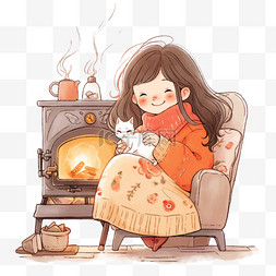 坐沙发手绘图片_卡通冬天女孩沙发上取暖手绘元素