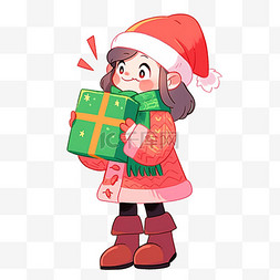 圣诞节可爱女孩拿着礼盒卡通手绘