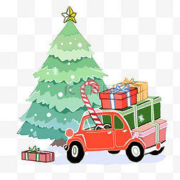 有雪松树图片_小车圣诞节拉礼物圣诞树卡通手绘