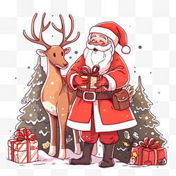手绘圣诞老人素材图片_圣诞节小鹿松树卡通手绘圣诞老人