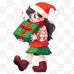 绿色的圣诞礼盒图片_卡通圣诞节可爱女孩拿着礼盒手绘