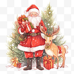 圣诞节手绘圣诞老人小鹿松树卡通
