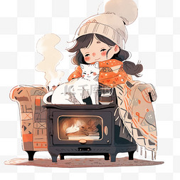 冬天女孩沙发上取暖卡通手绘元素