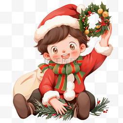 金色背景图片_手绘圣诞节可爱男孩花环卡通元素