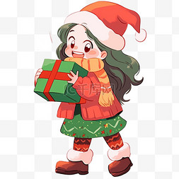 绿色的圣诞礼盒图片_可爱女孩拿着礼盒圣诞节卡通手绘
