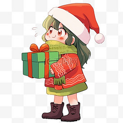 圣诞节可爱女孩拿着礼盒手绘卡通