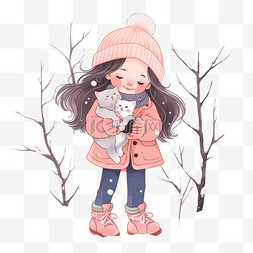 雪地雪地靴图片_卡通冬天雪地里女孩小猫树木手绘