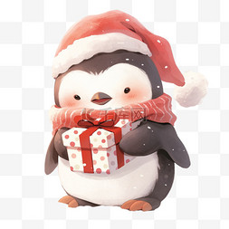 卡通可爱企鹅图片_冬天卡通可爱的企鹅拿着礼物手绘