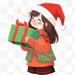 圣诞节可爱女孩手绘拿着礼盒卡通