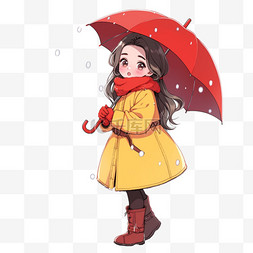 冬天雪地手绘图片_卡通冬天女孩拿着雨伞手绘元素