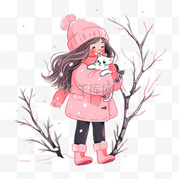 冬天雪地里卡通女孩小猫树木手绘