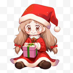 红色背景白色礼盒图片_圣诞节手绘可爱女孩抱着礼盒卡通