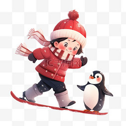 冬天的滑雪图片_冬天可爱的孩子企鹅卡通手绘元素