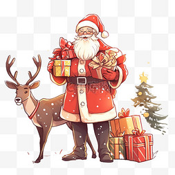 圣诞节松树图片_手绘圣诞节圣诞老人小鹿松树卡通