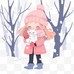 雪地里女孩小猫树木冬天卡通手绘