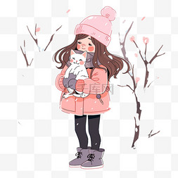 冬天雪地手绘图片_冬天雪地里女孩小猫树木手绘卡通