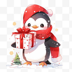 带围巾的企鹅图片_卡通冬天可爱的企鹅元素拿着礼物