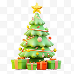 绿色丝带背景图片_圣诞节圣诞树礼盒3d免抠元素