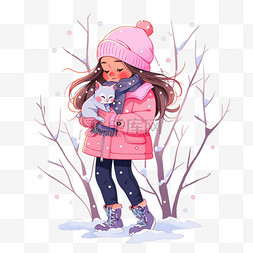 冬天雪地里图片_冬天雪地里小猫女孩树木卡通手绘