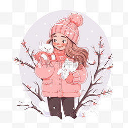 雪地里女孩小猫树木卡通冬天手绘