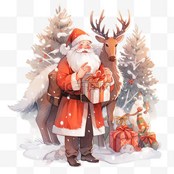 红色小鹿图片_圣诞节小鹿圣诞老人松树卡通手绘