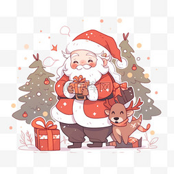 圣诞老人帽子手绘图片_圣诞节小鹿松树圣诞老人卡通手绘