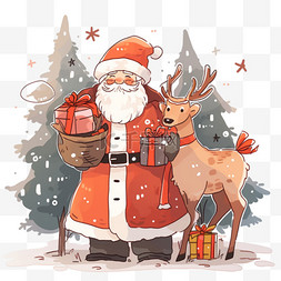 黄色小帽子图片_卡通圣诞节圣诞老人小鹿松树手绘