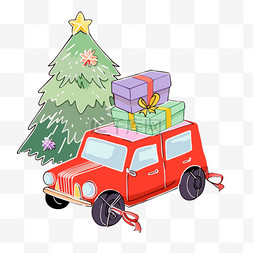 卡通车斗图片_圣诞节小车拉礼物卡通圣诞树手绘