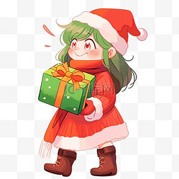 绿色的圣诞礼盒图片_圣诞节手绘元素可爱女孩拿着礼盒