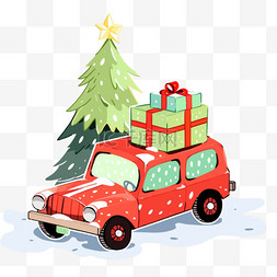 卡通车斗图片_圣诞节小车拉礼物圣诞树卡通元素