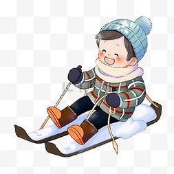 冬天卡通可爱男孩滑雪撬手绘元素