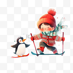 冬天小企鹅可爱的男孩滑雪卡通手