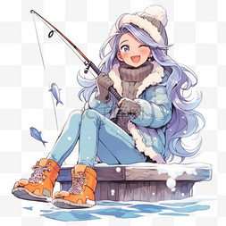 冬天可爱女孩湖边钓鱼卡通手绘元