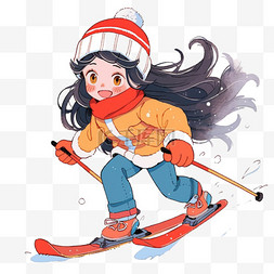 女孩冬天滑雪卡通手绘元素