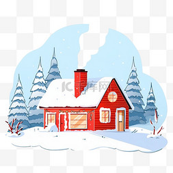 冬天卡通红色的雪屋树木手绘元素