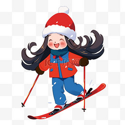 穿着红色鞋的女孩图片_冬天手绘滑雪运动女孩卡通元素
