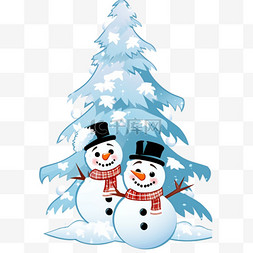 手绘背景浅蓝色图片_圣诞节雪人卡通手绘松树元素
